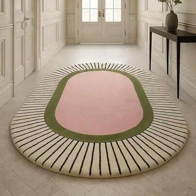 1 pieza Alfombra de área ovalada verde y rosa, alfombra para sala de estar, alfombra lavable, decoración del hogar