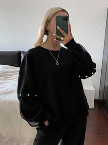 Women's Round Neck Pearl Button Decor Lantern Sleeve Loose Mesh Splice Sleeve Thickened Solid Color Sweatshirt, Halloween Costume Fall/Winter - Black - View 3