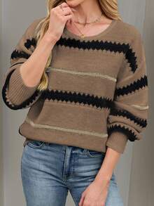 Sweater Pullover Longgar Bergaris Kasual Wanita dengan Bahu Jatuh - MultiWarna - View 4