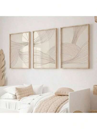 3pcs Boho Chic Beige Line Art Canvas Wall Art Set, Fashion Theme Frameless Ink Art Prints For Home Office, Living Room, Bedroom Decor, Indoor Portrait Orientation, Spring/Summer Season
