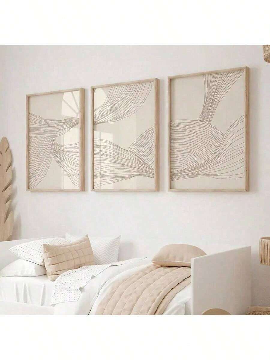 3件套波西米亚风米色线条艺术帆布墙画，时尚主题无框水墨画，适用于家居、办公室、客厅、卧室装饰，室内竖幅，春夏款 - 米色 - 查看 1