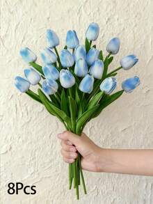 1/8花束 优雅逼真渐变蓝色郁金香 - 采用PU材质，这些仿真花细节高度逼真。适合卧室和客厅装饰。 - 漸層藍色 - 查看 12