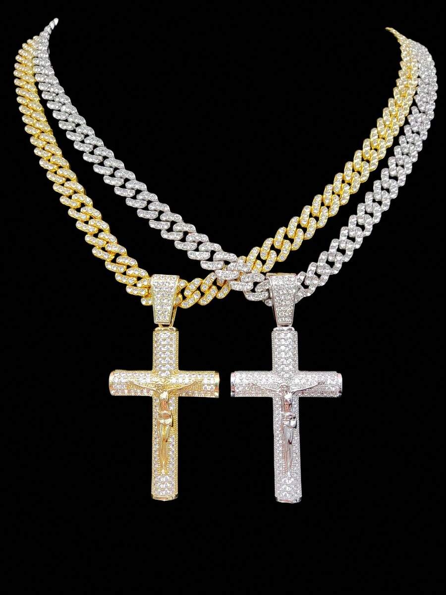 1 pieza Colgante de cruz de Jesús de circonita cúbica y 1 pieza Collar de cadena cubana de 9 mm con rhinestones, Collar colgante de estilo punk hip hop para hombres, joyería vintage de moda, adecuado para uso diario o fiesta, regalo para el amante - Plateado - Ver 1