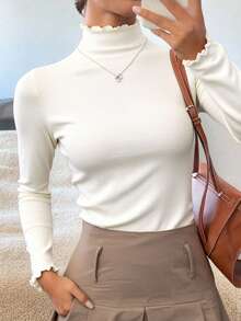 Livesso 纯色高领长袖女式上衣 - 杏色 - 查看 5