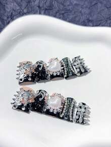 10pcs Y2K Duckbill Gothic Black & White French Handmade Press On Nails, With Cross, Silver Rivets, Stars, Musical Notes, White Pearl Hearts, Diamond Decoration; Nail Supplies, Homemade Nails, DIY Nail Art Acrylic False Nails; Suitable For Holiday, Parties, Daily Wear; Includes 1Sheet Jelly Glue & 1pc Mini File - Black - View 2