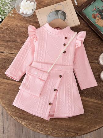 3pcs/Set Baby Girls' Fashion Casual Ruffle Trim Long Sleeve Top + Matching Skirt Shorts + Matching Bag Set