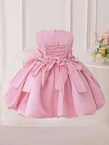 Baby Girls' Round Neck Bow Tie Back Ribbon Satin Cute Birthday Party Puff Dress, Suitable For Flower Girl, Wedding, Holiday, Does Not Include Headband - Pink - View 2