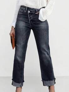 女士休闲直筒修身舒适牛仔裤，饰有猫须细节。中等弹力，轻盈牛仔面料。纽扣和拉链门襟，长款设计，适合日常穿着。春季款 - 深藍灰 - 查看 2