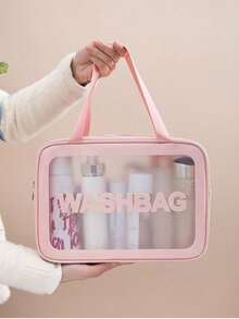 1个PVC透明大容量化妆包，PU防水便携式洗漱包，女士手持旅行收纳包，粉色