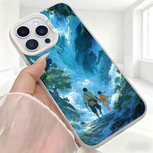 Cubierta de telefono para iPhone con diseño de paisaje montañoso azul con pareja caminando en naturaleza estilo anime para uso diario y viajes - Negro - Ver 5