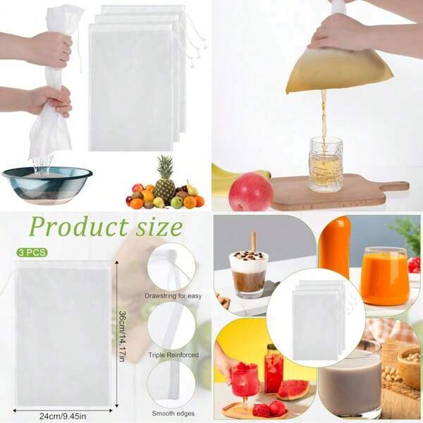 Straining Nylon Nut Milk Bag 3 Pack 24 X 36cm Fine Mesh Cheese Cloth Multiple Usage Reusable Food Strainer For Basting Turkey Canning CheeseMaking Straining Crafting Juice Coffee Yogurt Tea White