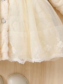 女婴可爱纯色仿毛领长袖双蝴蝶结装饰花卉网纱单排扣开衫，时尚百搭的中长款保暖外套，适合秋冬季日常、聚会、外出等场合。 - 杏色 - 查看 5