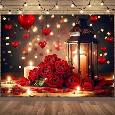 1PC Valentine's Day Red Roses And Lanterns Backdrop Banner, Indoor/Outdoor Party Decoration, Photo Studio Props, Multi-Size, Multifunctional Party Backdrop, Suitable For Unisex Decoration, Indoor And Outdoor Decoration, Photography Studio, Garden Decoration, Party Decoration And Phone Booth.