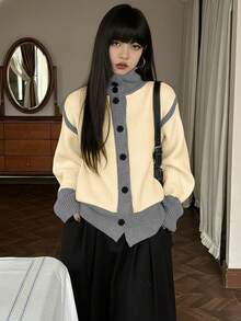 复古休闲设计撞色针织开衫，秋冬款 - 杏色 - 查看 6