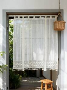 1Pc,Japanese-Style Vintage Striped Sheer Adjustable Lift Curtains With Crochet Lace Trim,Beige Linen-Look Semi-Transparent Tassel Pendants Short Curtains For Kitchen Home Room Dining Room - Beige - View 6
