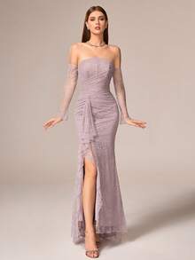 VIPGIRL Luxury Elegant Women's Long Lace Dress, Strapless Off Shoulder With Ruffles Slim Fit For Evening Party, Valentine's Day Wedding Spring - Dusty Pink - View 5