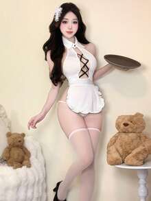 Cute Maid Lingerie Set – Open-Bust & Crotchless Teddy, Sweet Pure-Sweet Roleplay Costume For Bedtime Seduction - 白色 - 查看 1