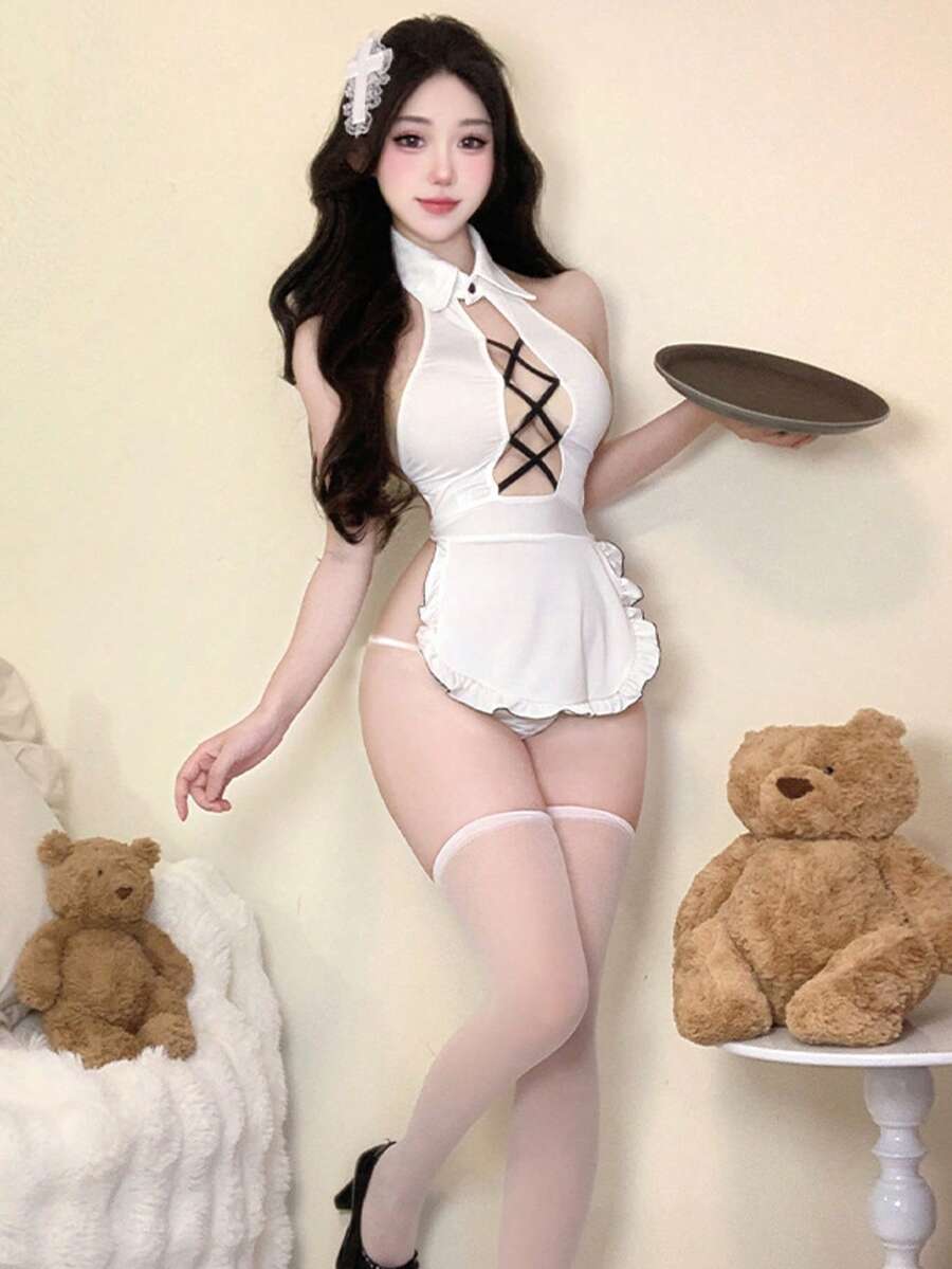 Cute Maid Lingerie Set – Open-Bust & Crotchless Teddy, Sweet Pure-Sweet Roleplay Costume For Bedtime Seduction - 白色 - 查看 1