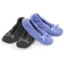 Isotoner Women's 2 Pack Mictroterry Ballerina Slipper With A Satin Bow - PeriwinkleQuiltedAshSolid - View 1