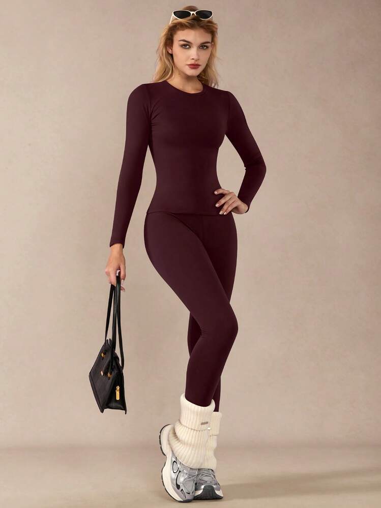 一套女士弹力紧身保暖长袖上衣和裤子运动服 - 酒紅色 - 查看 8