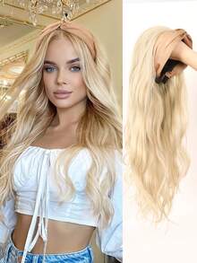 Peruca Sintética Dourada de 24 Polegadas de Comprimento com Tiara Colorida e Elásticos de Cabelo, Peruca Sintética de Padrão Ondulado, Tiara Destacável - Dourado - Visão 7
