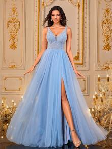 VIPGIRL New V-Neck Sleeveless Sequin Patchwork Elegant Mesh Formal Evening Gown, Flattering Leg Length - View 6