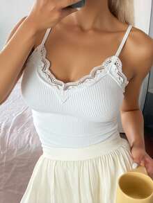 Livesso Áo crop top phối ren tương phản dành cho nữ - trắng - Xem 5