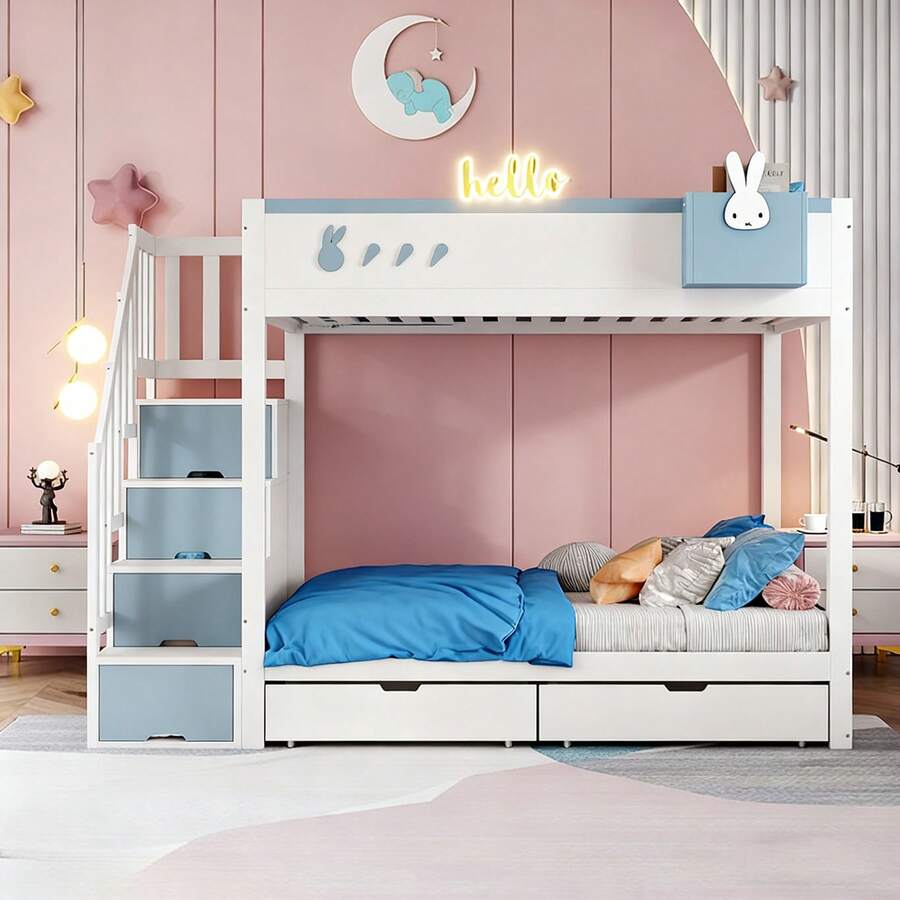 Kids Bed Frames, Headboards & Footboards - White+Blue + Wood + 90cm*200cm - View 1