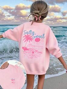 1 件女童休闲印花圆领运动衫，学生长袖上衣，秋冬 - 粉色 - 查看 1