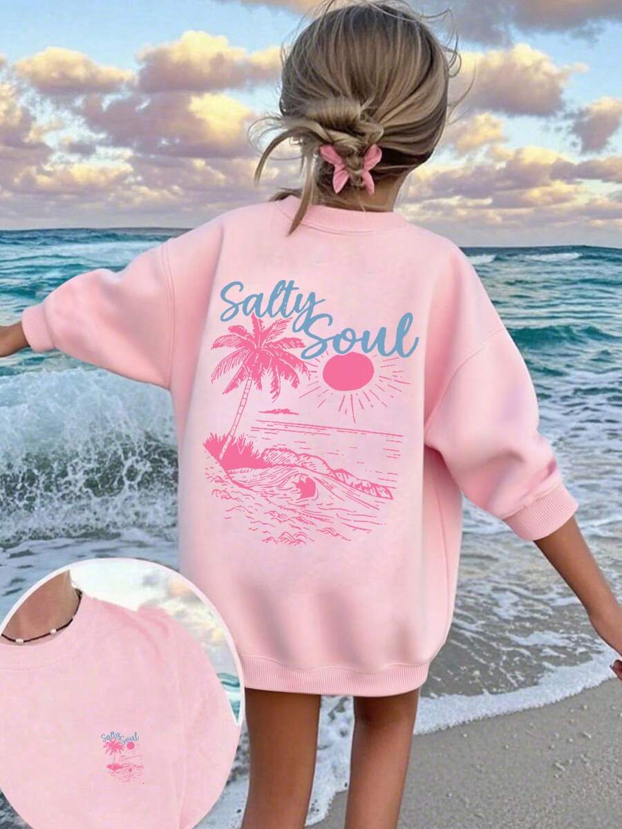 1 件女童休闲印花圆领运动衫，学生长袖上衣，秋冬 - 粉色 - 查看 1