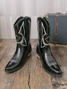 Western Style Cowboy Boots, Wedge Heel, Embroidered, Retro British Style, Couple Boots, Riding Boots, Black Boots