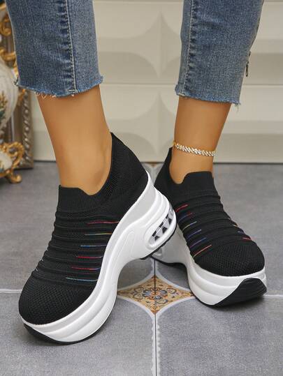 Women's Platform Sneakers, Black, Lightweight, Breathable, Versatile Slip-On Casual Shoes, Suitable For Spring And Autumn