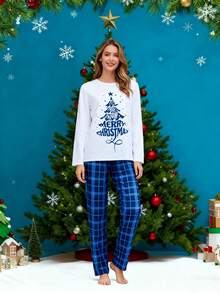 Family Matching Christmas Pajamas Set Letter Tree Print Holiday Pajamas Plaid Sleepwear Soft Loungewear