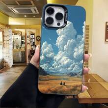 Cubierta de telefono con diseño de paisaje montañoso azul claro con nubes blancas y campo dorado para iPhone 14 Pro Max funda protectora elegante para uso diario en cafeterías y viajes - Blanco - Ver 4