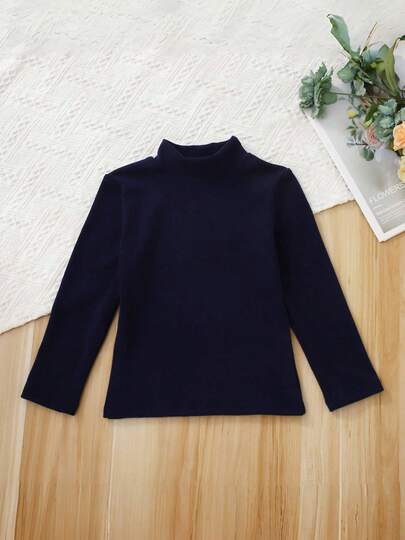 Camiseta interior de cuello alto de manga larga de unicolor para niñas, azul marino, top básico cálido para primavera, otoño e invierno, adecuado para niños, niños pequeños y estudiantes de primaria