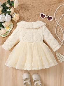 女婴可爱纯色仿毛领长袖双蝴蝶结装饰花卉网纱单排扣开衫，时尚百搭的中长款保暖外套，适合秋冬季日常、聚会、外出等场合。 - 杏色 - 查看 2