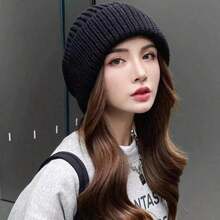 1pc Ladies Multi-Color Chunky Knit Korean Knitted Piled Cap, Fall/Winter All-Match Beanie Hat For Warmth, Ear Protection And Loose Fit, Cold-Proof Hat - 黑色 - 查看 5