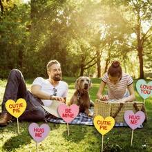 8-Piece Valentine's Day Heart-Shaped Wooden Vase Picks Set (4 Designs, 2 Each) - Assorted Pastel Colors (Yellow/Pink/Green/Purple), Romantic Slogans (CUTIE PIE/BE MINE/LOVE YOU/HUG ME), Adorable Decor Accents For Vases/Tabletops, Ideal For Valentine's Day Party Ambiance & Romantic Home Decor - Multicolor - View 2