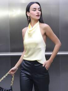 Women's Satin Camisole Tank Top, Y2K Sleeveless Crop Top, Cute Street Style, Yellow Backless Camisole For Summer