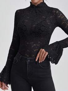 Áo ren dài tay cổ đứng ôm sát gợi cảm dành cho nữ, chất liệu co giãn, thích hợp cho mùa đông, Giáng sinh, áo corset, trang phục năm mới, màu đen, phong cách thường ngày, mùa xuân. - màu đen - Xem 3