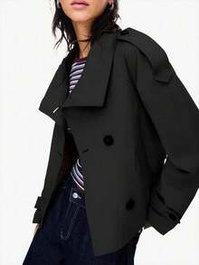 European And American Autumn And Winter New Women's Clothing Temperament Commuting Stand-Up Collar Double-Breasted Waist Tie Windbreaker Jacket - màu đen - Xem 4