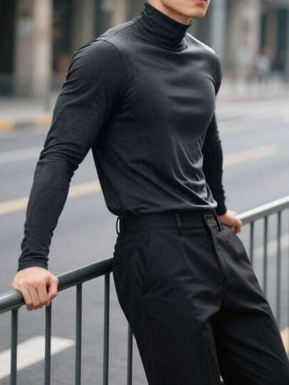 Men's Spring/Autumn Turtleneck Long Sleeve T-Shirt, Suitable For Outdoor Casual Wear