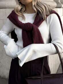 FOR BEAUTY Women's White Crew Neck Ribbed Long Sleeve Knit Sweater, Fashionable & Minimalist, Versatile & Elegant, Suitable For Daily Wear, Commuting, Autumn/Winter, New Year, Valentine's Day - White - View 3
