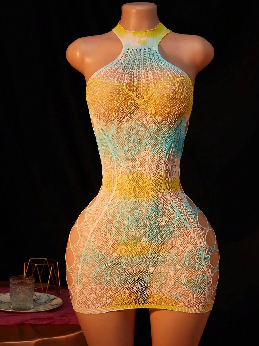 1件装女士性感睡衣连衣裙，渐变色无袖豹纹镂空透视款，性感女孩装扮，比基尼罩衫，情人节性感派对角色扮演服装 - 彩色 - 查看 1