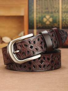 1pc Brown Hollow Pattern Women's Belt, High Quality Durable PU Leather, Western Style Retro Cowgirl Belt, Suitable For Daily Wear And Various Occasions - Multicolor - View 2