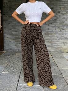 Livesso Leopard Print Elastic Waist Slant Pocket Straight Leg Pants - Coffee Brown - View 5