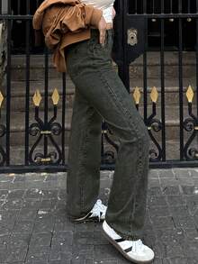 女士休闲浅蓝色直筒牛仔裤，带口袋，无弹力面料，适合日常穿着 - 藏蓝色 - 查看 4