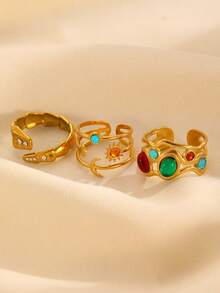 1 Set Rhinestone Inlaid Open Ring Set, Fashion Versatile Casual Suitable For Women's Daily, Party Wear Or Gift To Friends - Multicolor - View 4