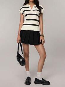 FOR BEAUTY Spring/Summer New Retro Striped Contrast Color Lapel Sleeveless Knit Vest Top, Loose Casual Pullover Sweater, Suitable For Work Commute, Outing, Holiday, Date, Graduation Ceremony - Apricot - View 11