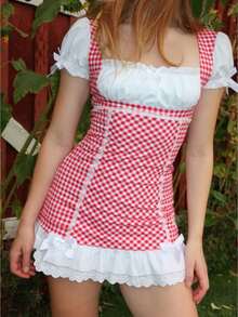 Women's Plaid Gingham Checkered Bodycon Mini Dress With Puff Sleeves Lace Trim Bow Cottagecore For Cosplay Holiday Party - Đỏ - Xem 1